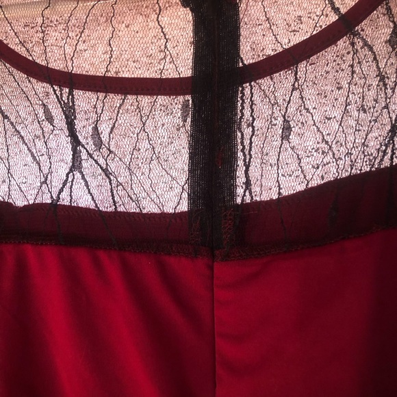 Jumpsuit, burgundy with black lace, open shoulder. Silky feel; generous stretch. - Picture 5 of 6